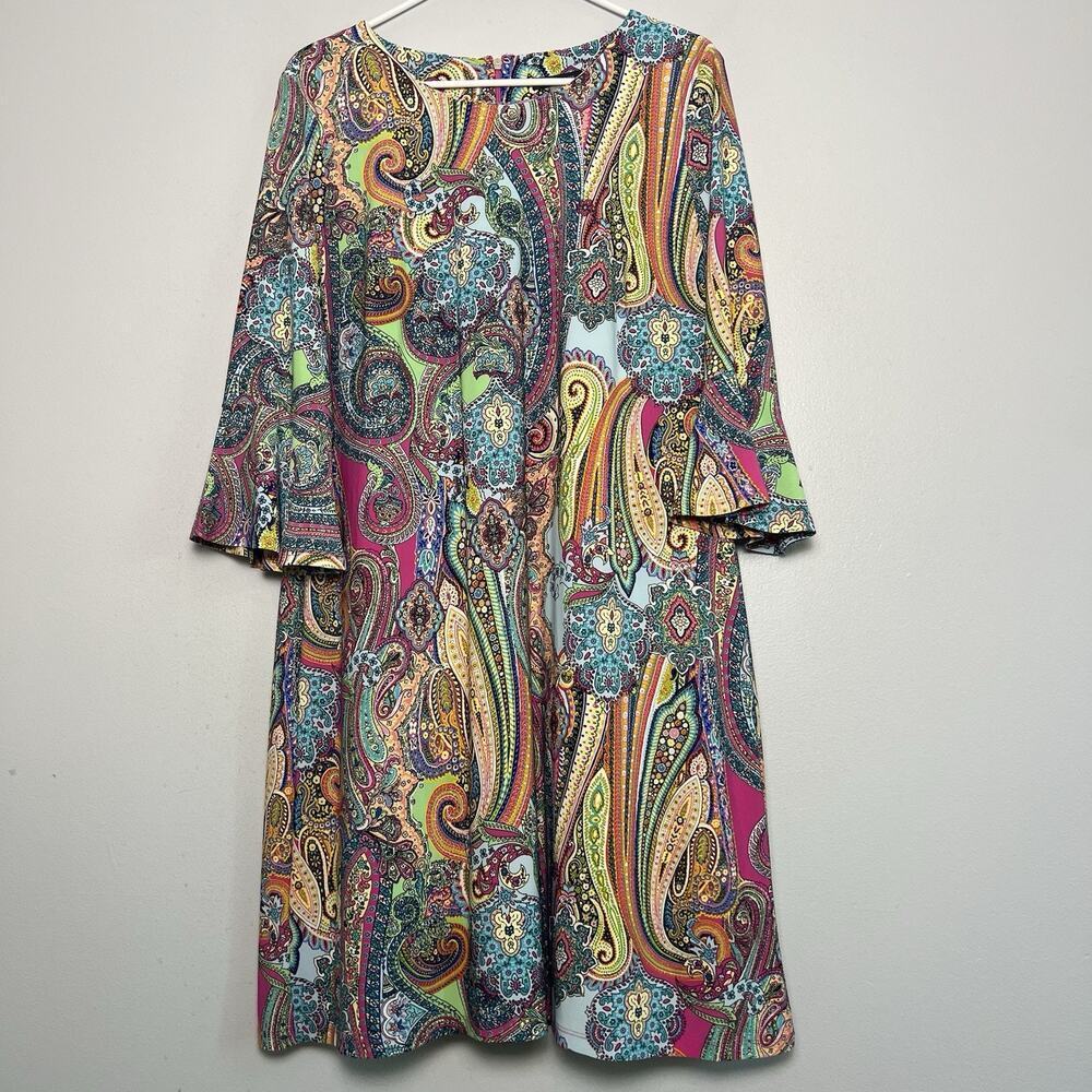 Tommy Hilfiger Bell Sleeve Midi Dress Multicolor Paisley Sz 14 Retro Multicolor